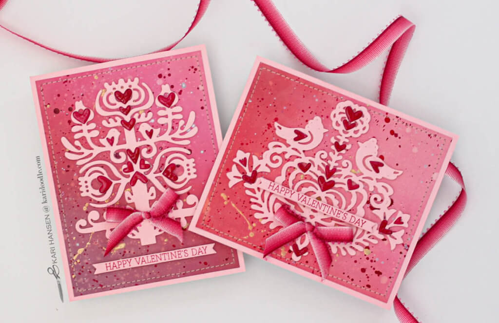 nordic folk valentines cards on ink blended background